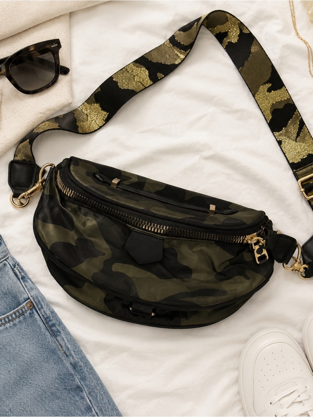 Camo Crossbody Belt Bag with Gold Metallic Adjustable Strap